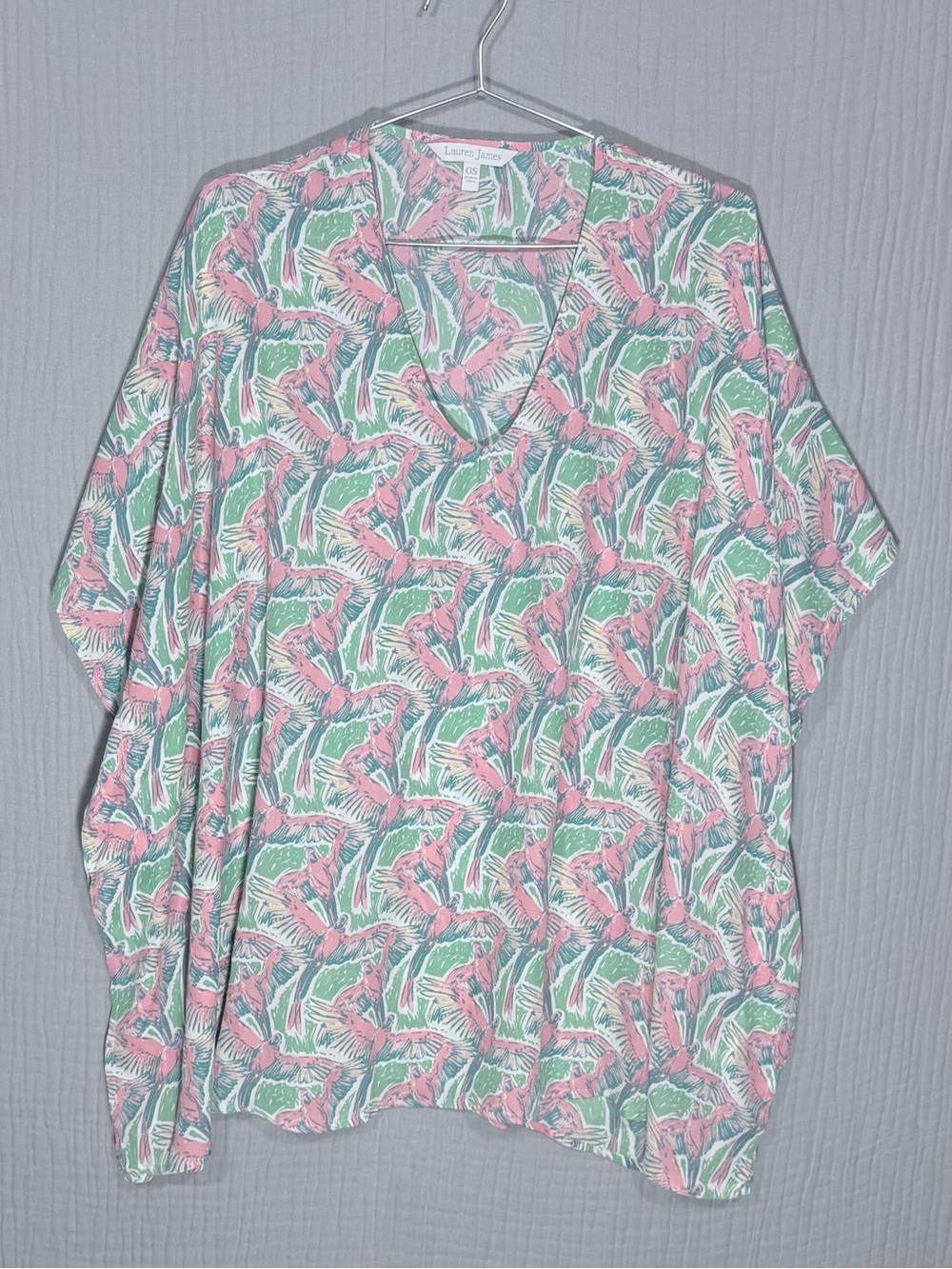 🦜 Lauren James Tropical V-Neck Tunic/Dress Coverup  in Pink and Green Macaw OS